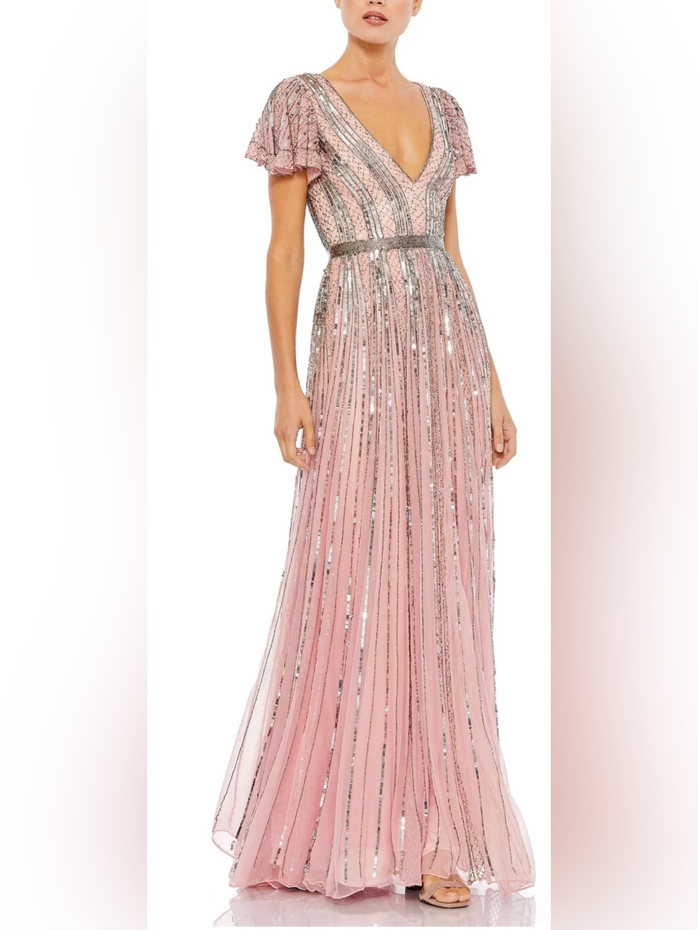 Mac Duggal Pink Sequin Embellished V‑Neck Maxi Dress Size 2 (Read Description)